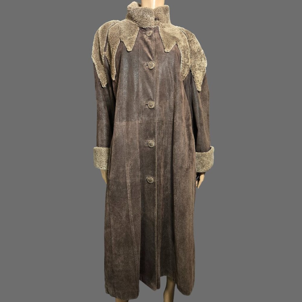 Vintage 90s Brown Leather Shearling Sheepskin Coat Long Full Length Size L
